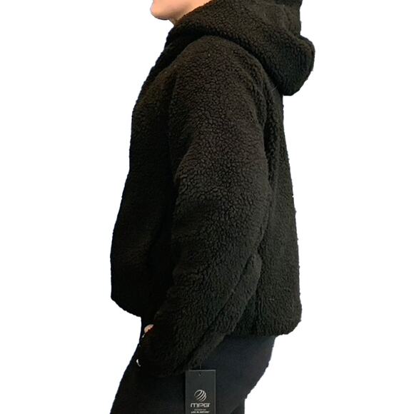 MPG Sherpa Teddy Fleece Full Zip Crop Hoodie Jacket BLACK Large NWT - Picture 4 of 13